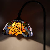 Tiffany Floor Lamp with Storage Shelves End Table Stained Glass Red Rose Arched Gooseneck Style Reading Light