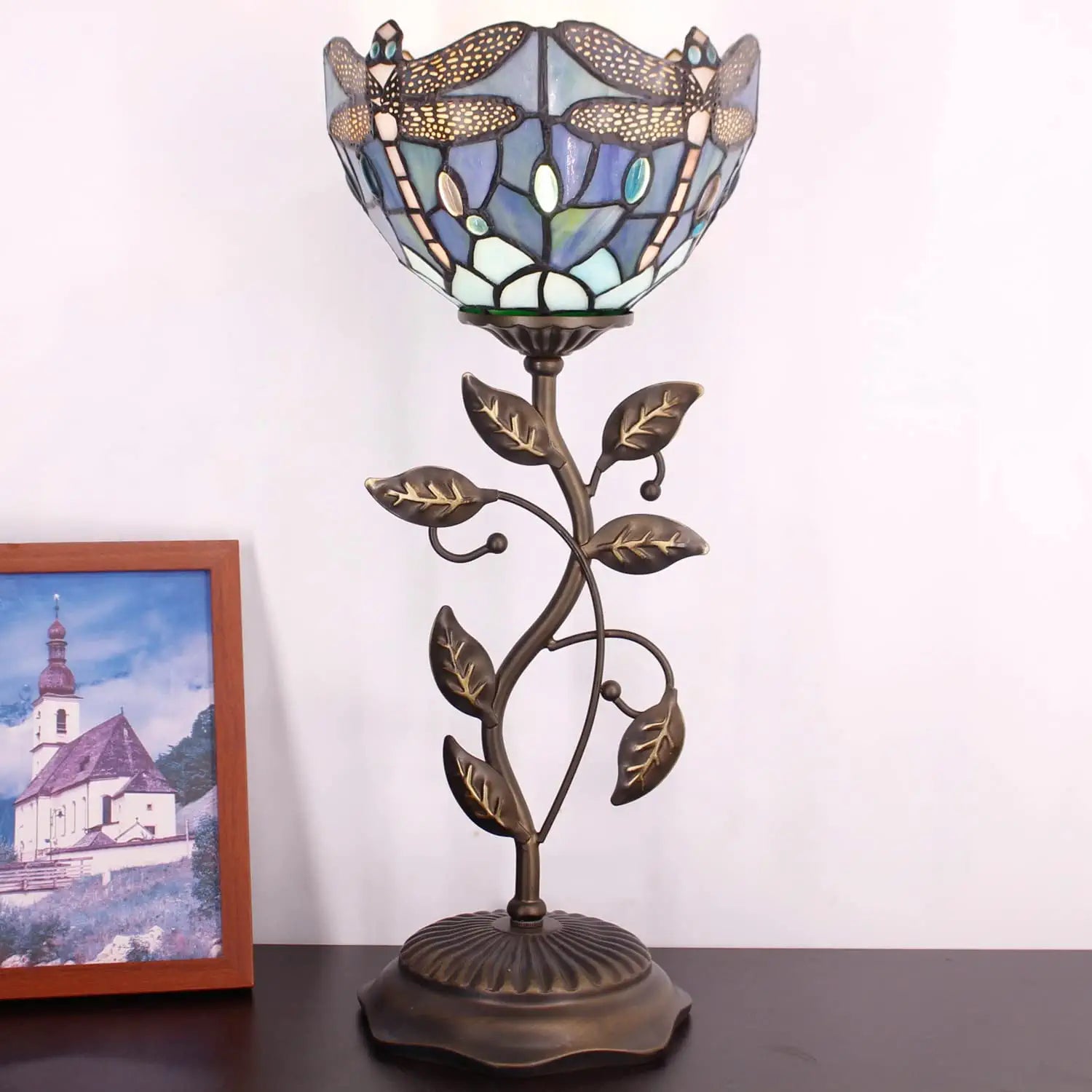 WERFACTORY Small Tiffany Table Lamp 8" Sea Blue Stained Glass Dragonfly Style Shade 19" Tall Antique Vintage Metal Leaf Base Mini Bedside Accent Desk Torchiere Uplight