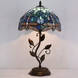 Tiffany Table Lamp, Stained Glass Lamp, Blue Dragonfly Desk Light W12H19 Inch Antique Iron Metal Leaves