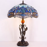 Werfactory® Tiffany Table Lamp Blue Stained Glass Dragonfly Desk Light W16H24 Inch