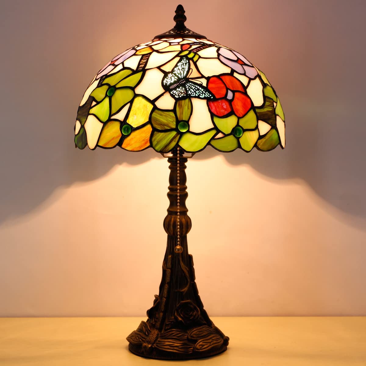Werfactory® Tiffany Table Lamp W12H19 Inch Stained Glass Antique Butterfly Style Light