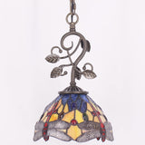 Werfactory®Tiffany Pendant Lighting 8" Yellow Blue Stained Glass Dragonfly Hanging Lamp