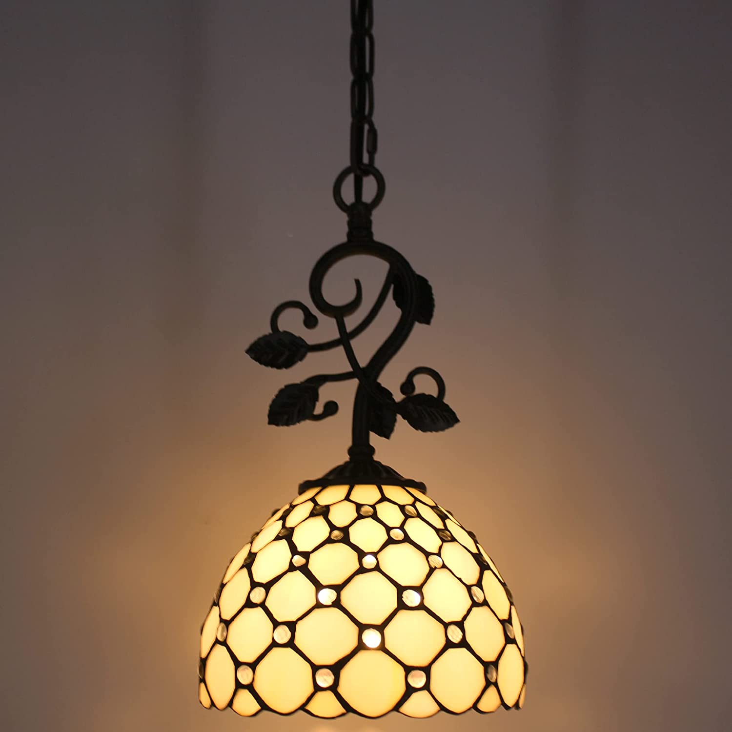Werfactory®Tiffany Pendant Light with 8" Crystal Beads White Stained Glass Hanging Lamp