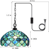 Werfactory® Tiffany Style Plug in Pendant Light Sea Blue Stained Glass Pearl Hanging Lamp