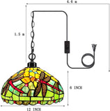 Werfactory® Tiffany Pendant Light 12 Inch Red Dragonfly Style Stained Glass Hanging Lamp