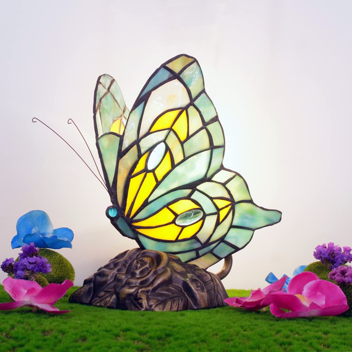 Werfactory® Tiffany Butterfly Lamp Cute Fairy Flying Wings Green Stained Glass Warm Light
