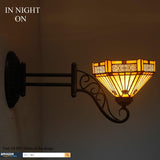 WERFACTORY Tiffany Wall Sconce Lamp W8L19 Inch Swing Arm Up Down Light Yellow Stained Glass Hexagon Mission Shade S011 Living Room Bedroom Office Study Antique Metal