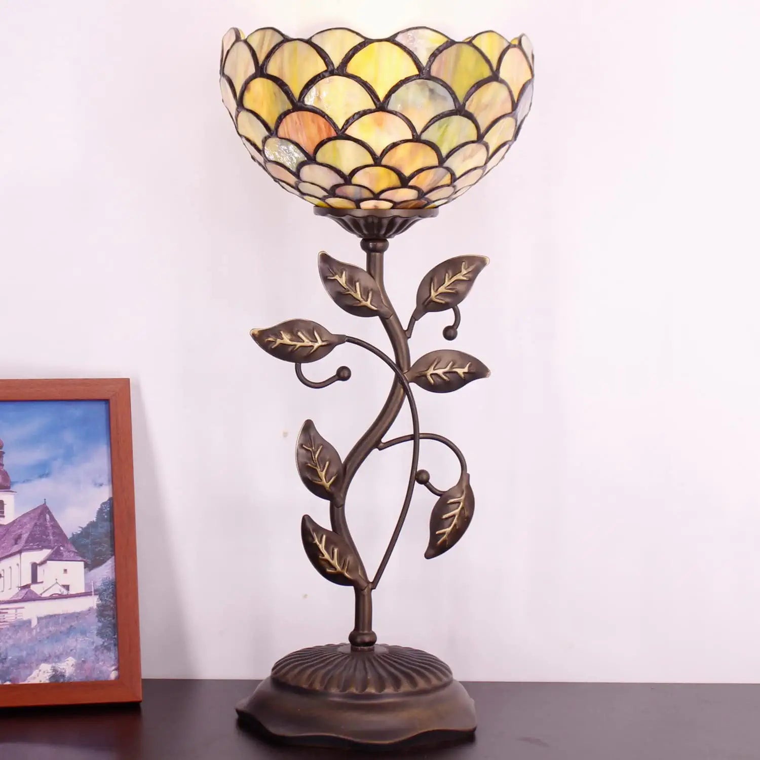 WERFACTORY Small Tiffany Table Lamp 8" Stained Glass Fish Scales Style Shade 19" Tall Antique Vintage Metal Leaf Base Mini Bedside Accent Desk Torchiere Uplight