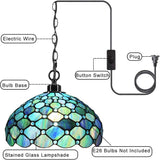 Werfactory® Tiffany Style Plug in Pendant Light Sea Blue Stained Glass Pearl Hanging Lamp