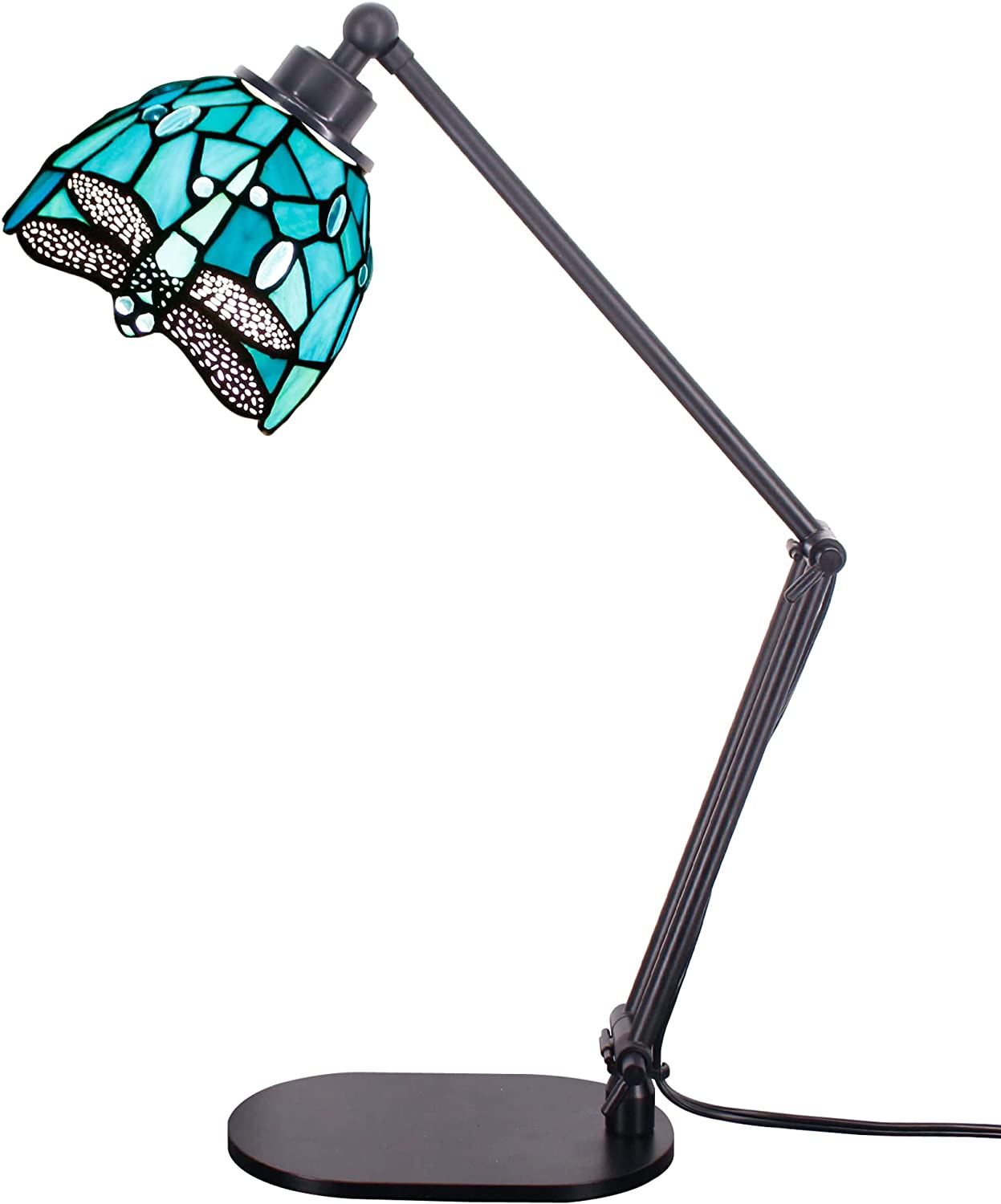 Werfactory® Tiffany Swing Arm Lamp Adjustable Stained Glass Dragonfly Table Lamp