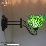 WERFACTORY Tiffany Wall Sconce Lamp W8L19 Inch Swing Arm Up Down Light Green Stained Glass Wisteria Shade S147 Living Room Bedroom Office Study Antique Metal