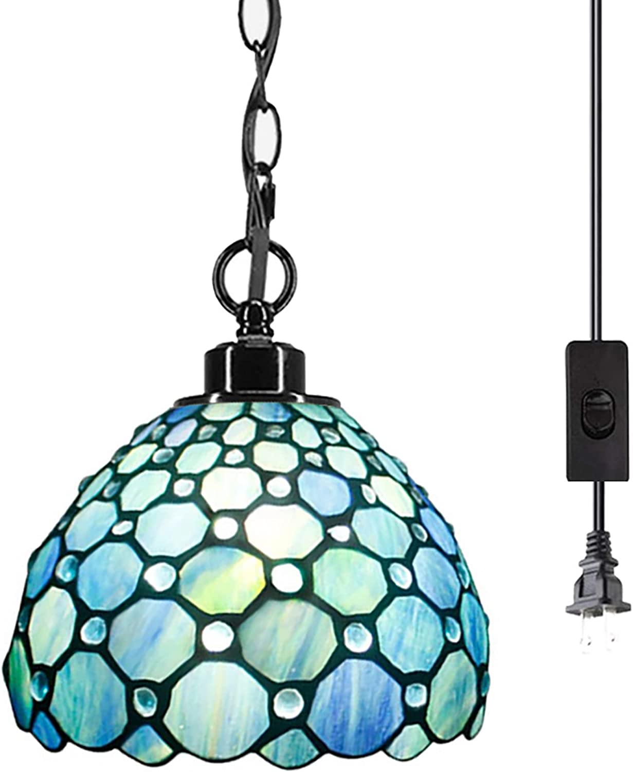 Werfactory® Tiffany Style Plug In Pendant Light Sea Blue Stained Glass Chandelier with 16.4 Ft Hanging Cord in Line On/Off Push Switch