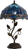 Tiffany Table Lamp, Stained Glass Lamp, Blue Dragonfly Desk Light W12H19 Inch Antique Iron Metal Leaves