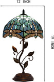 Tiffany Table Lamp, Stained Glass Lamp, Blue Dragonfly Desk Light W12H19 Inch Antique Iron Metal Leaves