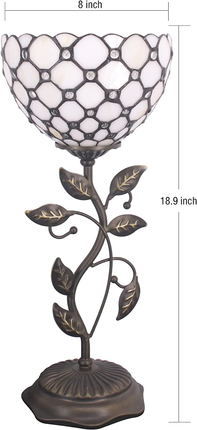WERFACTORY Small Tiffany Table Lamp 8" Stained Glass Crystal Bead Style Shade 19" Tall Antique Vintage Metal Leaf Base Mini Bedside Accent Desk Torchiere Uplight