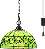 Werfactory® Tiffany Style Plug in Pendant Light 12 Inch Green Stained Glass Hanging Lamp