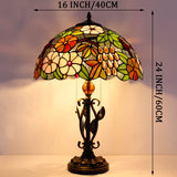 Tiffany Table Lamp Purple Stained Glass Grape Desk Light W16H24 Inch with Iron Metal Leaves Bronze Base