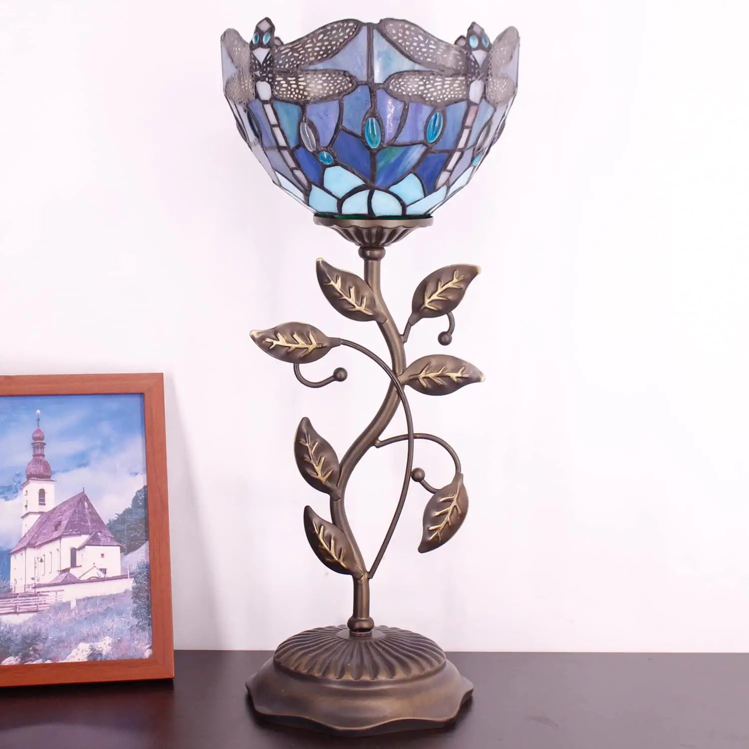 WERFACTORY Small Tiffany Table Lamp 8" Sea Blue Stained Glass Dragonfly Style Shade 19" Tall Antique Vintage Metal Leaf Base Mini Bedside Accent Desk Torchiere Uplight