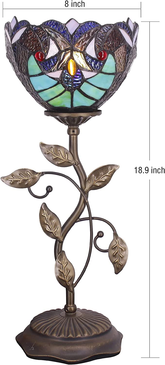 WERFACTORY Small Tiffany Table Lamp 8" Stained Glass Victorian Style Shade 19" Tall Antique Vintage Metal Leaf Base Mini Bedside Accent Desk Torchiere Uplight
