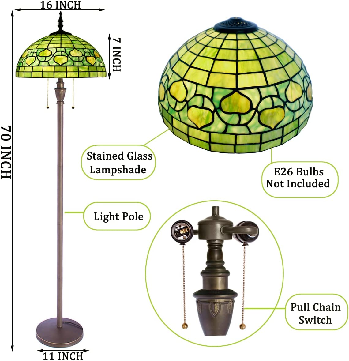 Werfactory® Tiffany Floor Lamp W16H70 Inch Green Stained Glass Apple Style Reading Lamp