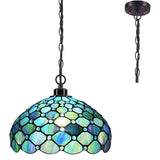 Werfactory® Tiffany Pendant Light Fixture 12 Inch Handmade Blue Stained Glass Hanging Lamp