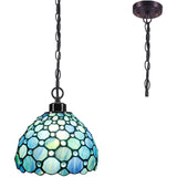 Werfactory® Tiffany Style Pendant Lighting Fixture Small 8 Inch Sea Blue Stained Glass
