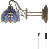 WERFACTORY Tiffany Wall Sconce Lamp W8L19 Inch Swing Arm Up Down Light Blue Purple Cloudy Stained Glass Shade S147 Living Room Bedroom Office Study Antique Metal