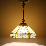 Tiffany Hanging Lamp Fixture Werfactory® Yellow Hexagon Stained Glass 12 Inch Mission Pendant Light