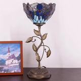 WERFACTORY Small Tiffany Table Lamp 8" Blue Stained Glass Dragonfly Style Shade 19" Tall Antique Vintage Metal Leaf Base Mini Bedside Accent Desk Torchiere Uplight