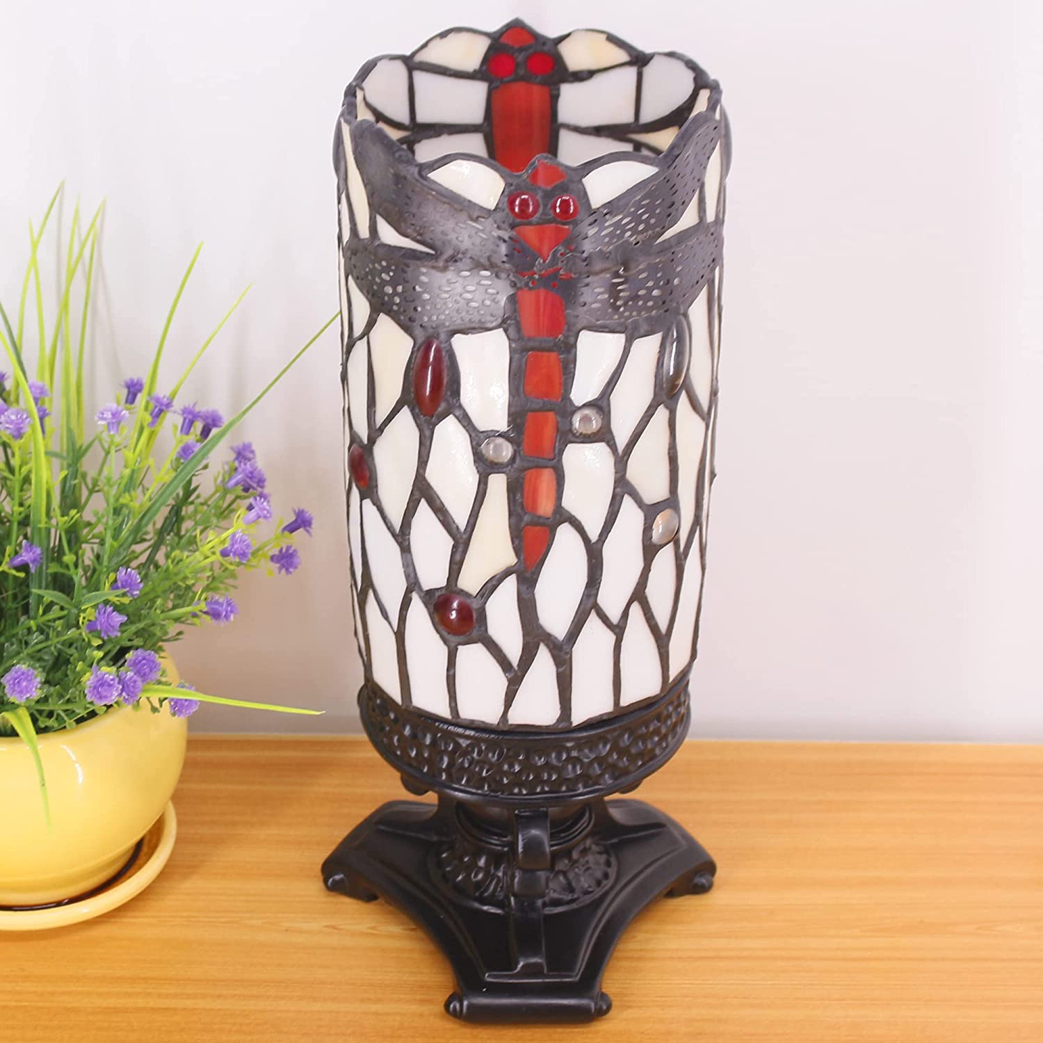 WERFACTORY Small Tiffany Lamp Mini Stained Glass Table Lamp Wide 4 Tall 10 Inch Cream Dragonfly Style Desk Night Light