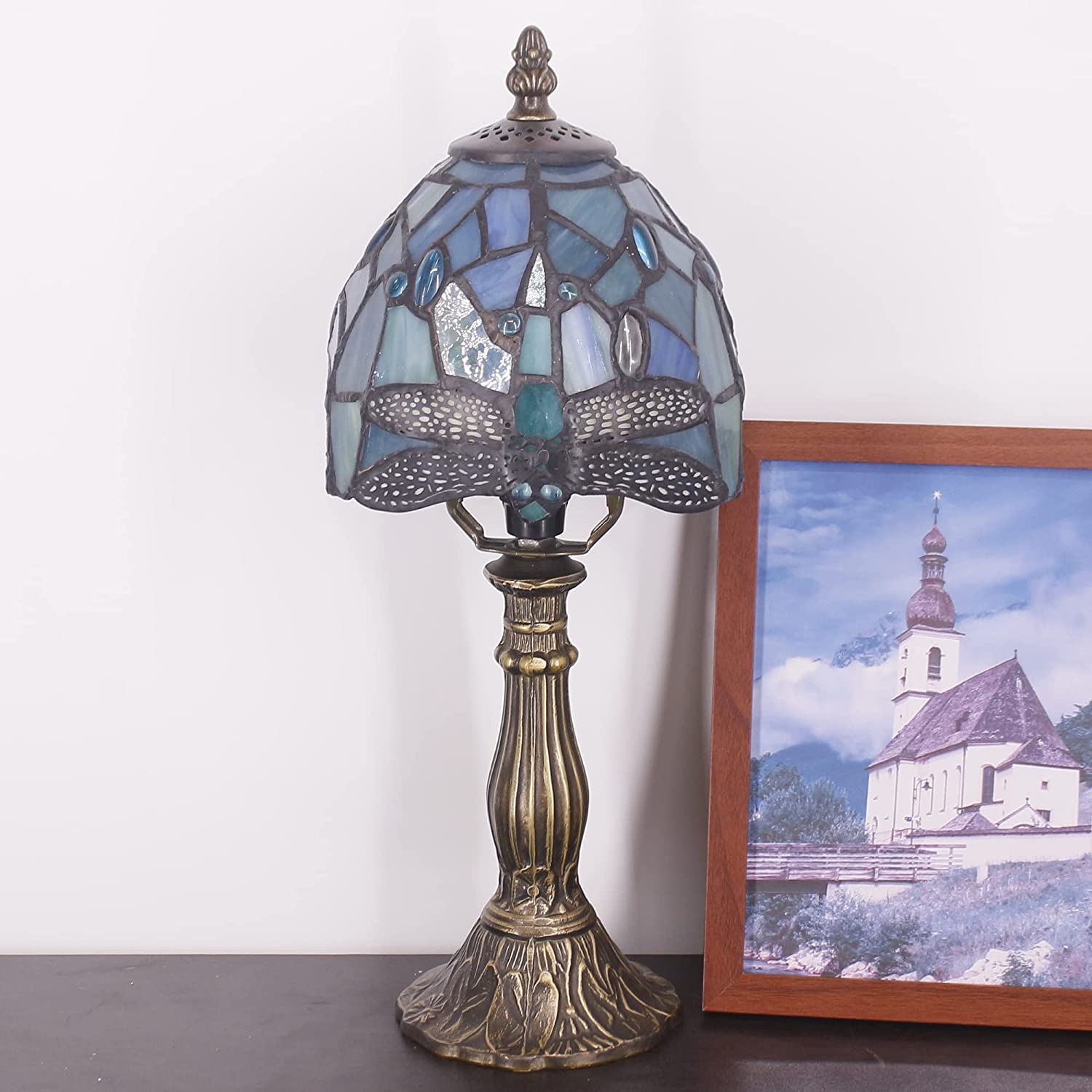 Werfactory® Small Tiffany Lamp Sea Blue Stained Glass Dragonfly Style Table Lamp 14" Tall