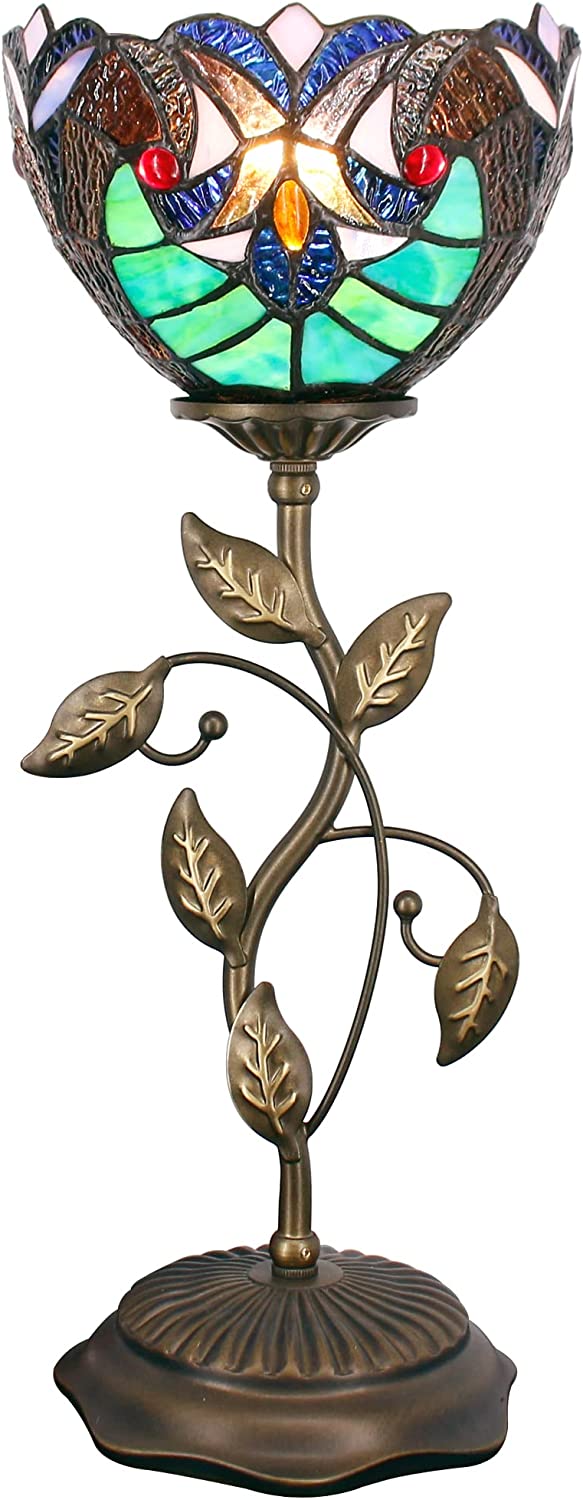 WERFACTORY Small Tiffany Table Lamp 8" Stained Glass Victorian Style Shade 19" Tall Antique Vintage Metal Leaf Base Mini Bedside Accent Desk Torchiere Uplight