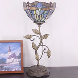 WERFACTORY Small Tiffany Table Lamp 8" Navy Blue Stained Glass Dragonfly Style Shade 19" Tall Antique Vintage Metal Leaf Base Mini Bedside Accent Desk Torchiere Uplight