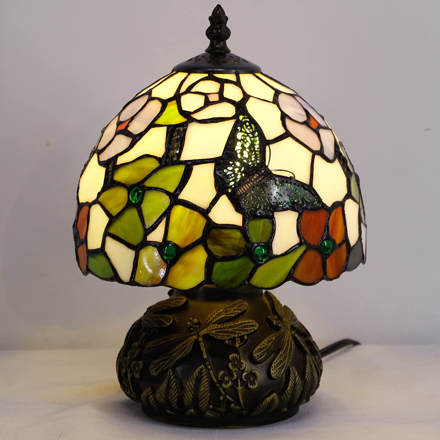 Werfactory® Tiffany Table Lamp W8H11 Inch Stained Glass red Green Flower Butterfly Mushroom Lamp