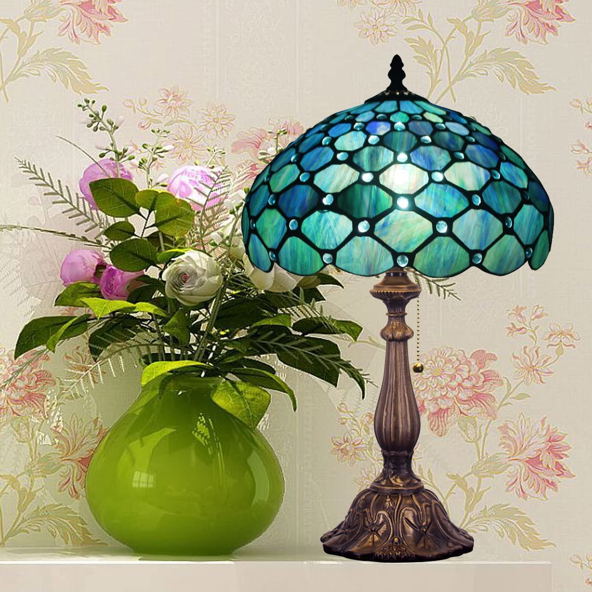 Tiffany Table Lamp Werfactory® W12H19 Inch Blue Stained Glass Lamp