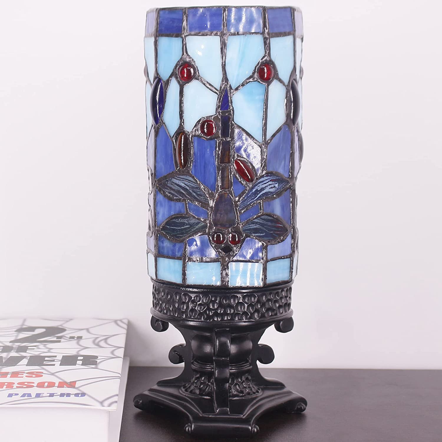 WERFACTORY Small Tiffany Lamp Mini Stained Glass Table Lamp Wide 4 Tall 10 Inch Blue Dragonfly Style Desk Night Light