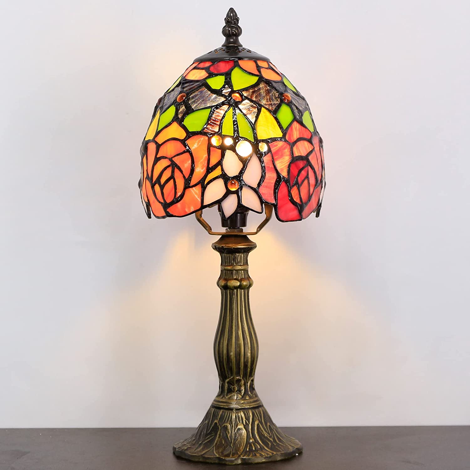 Werfactory® Small Tiffany Lamp Stained Glass Table Lamp Red Yellow Rose Style 14" Tall