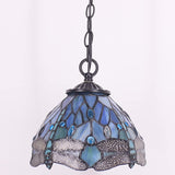 Werfactory® Tiffany Pendant Light Sea Blue Stained Glass Dragonfly Style Hanging Lamp