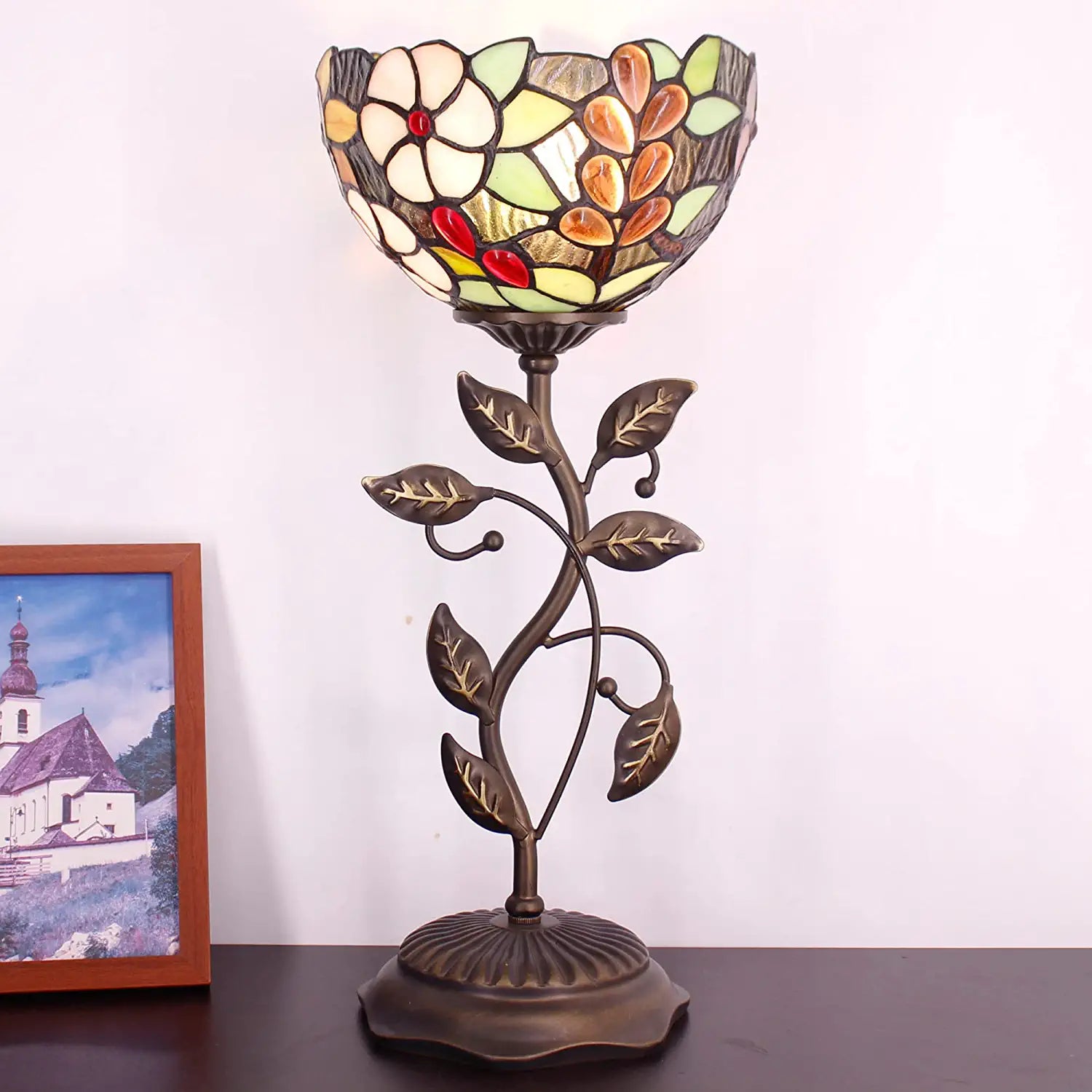 WERFACTORY Small Tiffany Table Lamp 8" Stained Glass Grape Style Shade 19" Tall Antique Vintage Metal Leaf Base Mini Bedside Accent Desk Torchiere Uplight