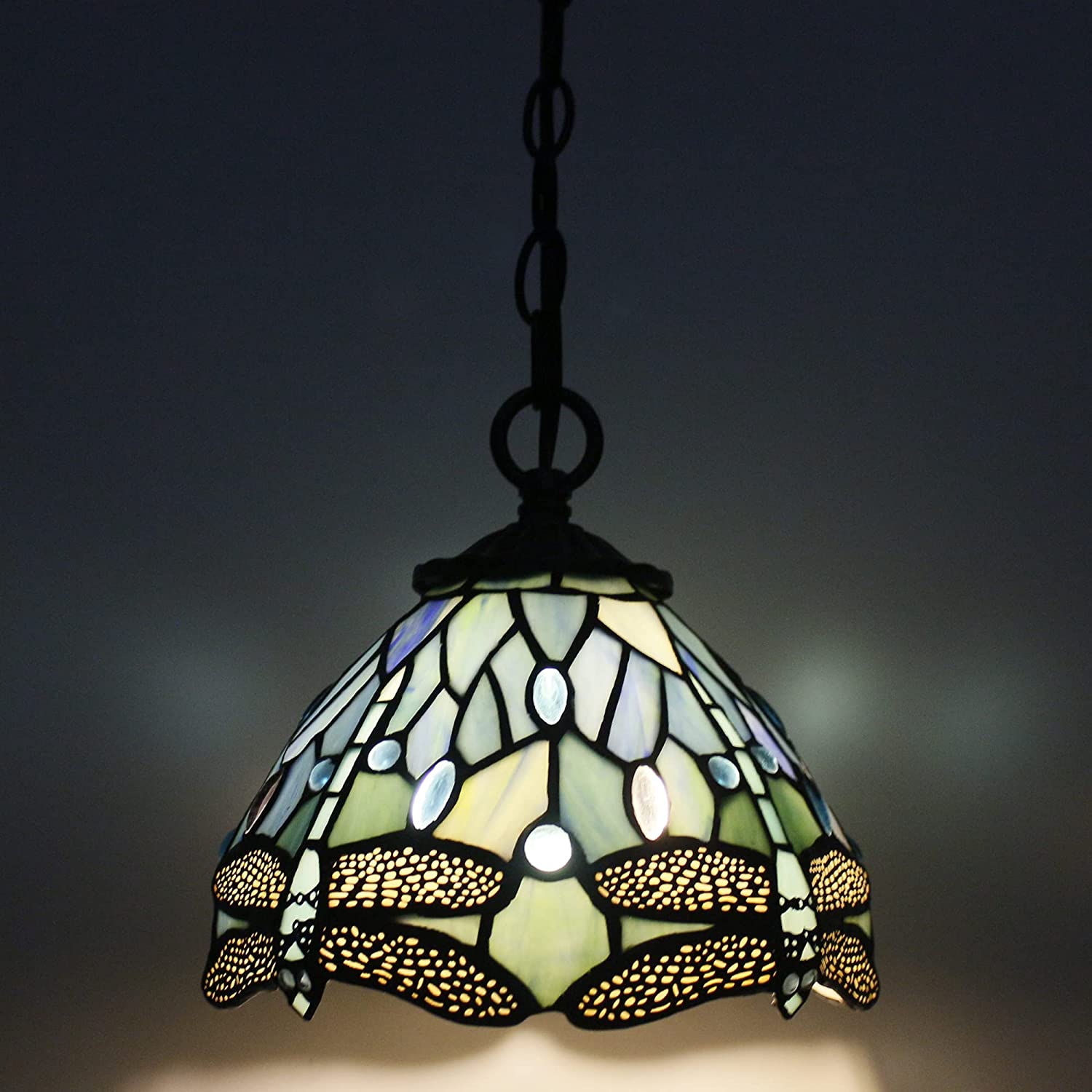 Werfactory® Tiffany Pendant Light Sea Blue Stained Glass Dragonfly Style Hanging Lamp