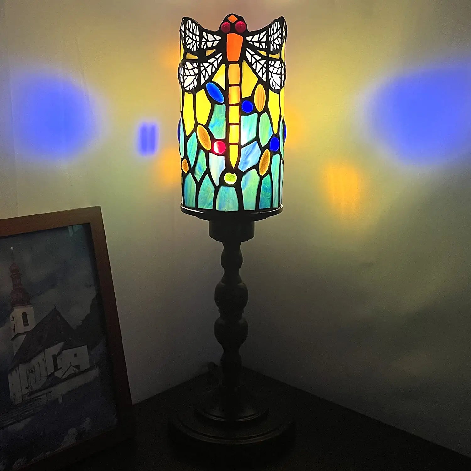 WERFACTORY Small Tiffany Lamp Mini Stained Glass Table Lamp Wide 4 Tall 15 Inch Yellow Dragonfly Style Rustic Night Light