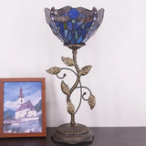 WERFACTORY Small Tiffany Table Lamp 8" Navy Blue Stained Glass Dragonfly Style Shade 19" Tall Antique Vintage Metal Leaf Base Mini Bedside Accent Desk Torchiere Uplight