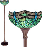 Werfactory® Torchiere Tiffany Floor Lamp Green Dragonfly Stained Glass Torch Light