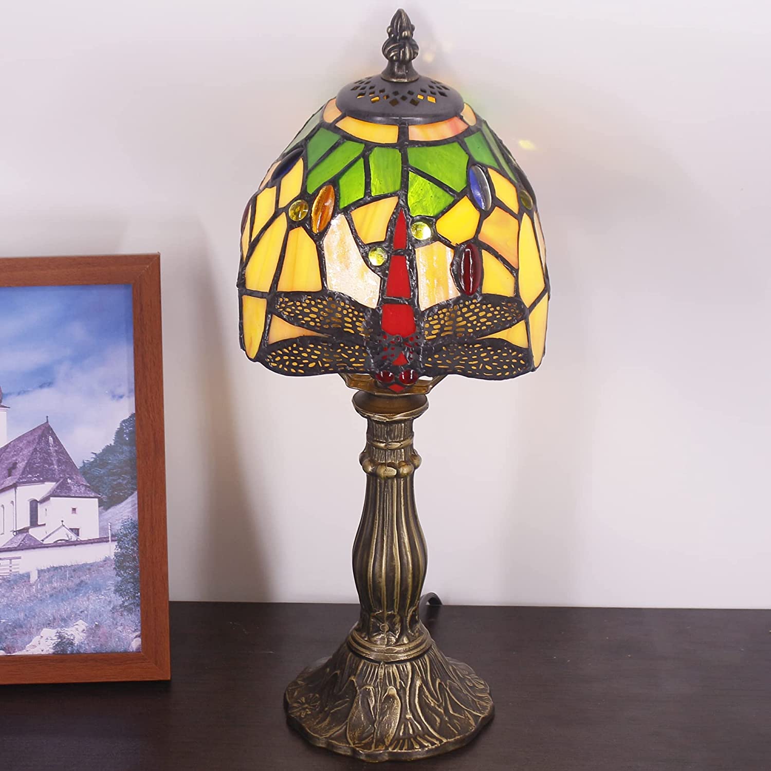 Werfactory® Small Tiffany Lamp Dragonfly Style Green Stained Glass Table Lamp, 14" Tall