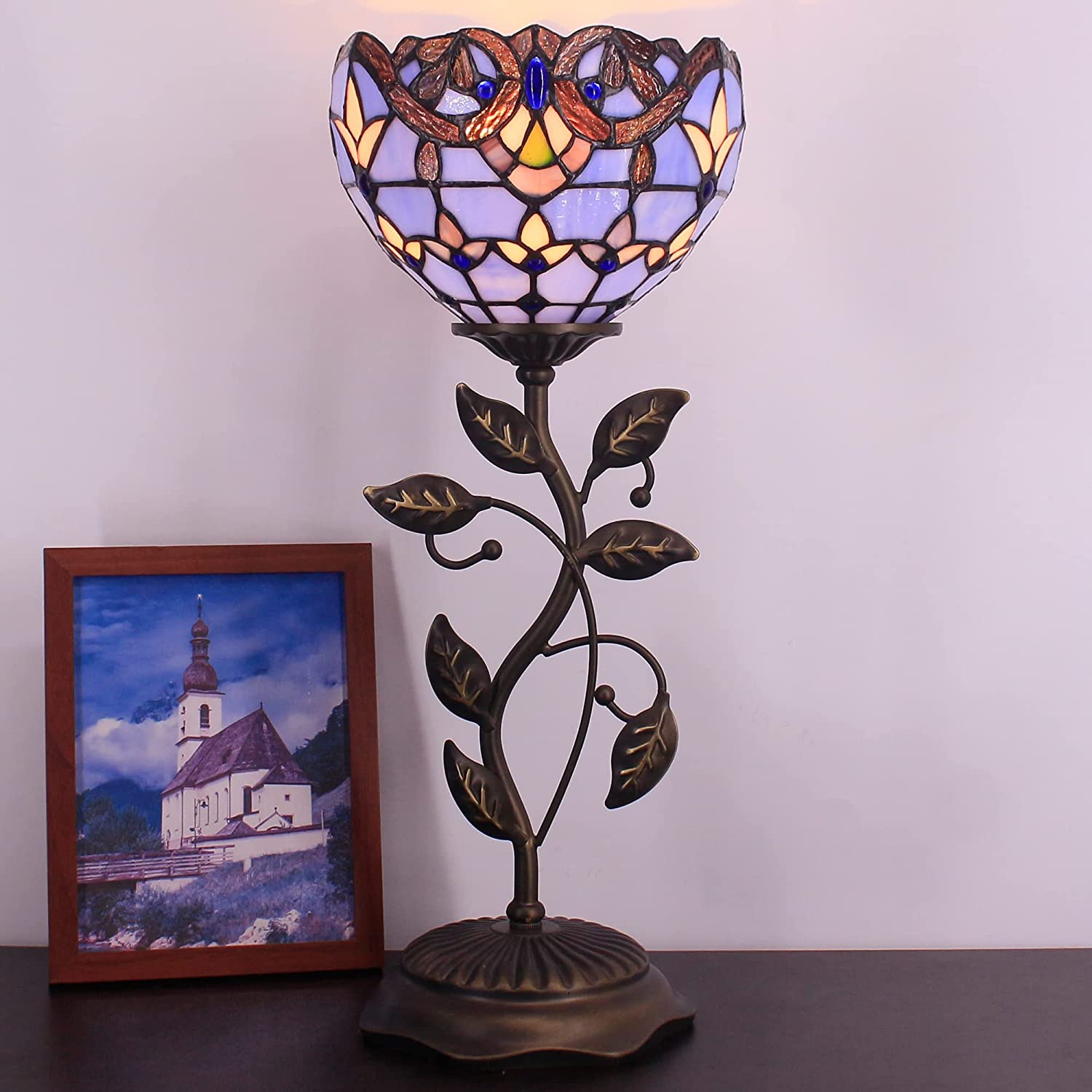 WERFACTORY Small Tiffany Table Lamp 8" Stained Glass Baroque Style Shade 19" Tall Antique Vintage Metal Leaf Base Mini Bedside Accent Desk Torchiere Uplight