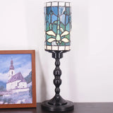 WERFACTORY Small Tiffany Lamp Mini Stained Glass Table Lamp Wide 4 Tall 15 Inch Green Blue Dragonfly Style Rustic Night Light