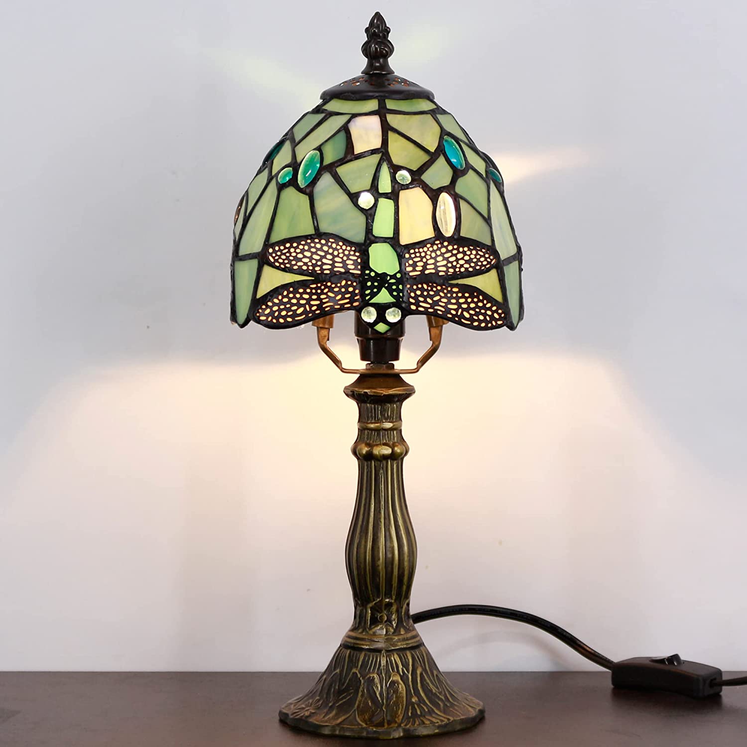 Werfactory® Small Tiffany Lamp Sea Blue Stained Glass Dragonfly Style Table Lamp 14" Tall