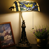 Werfactory® Banker Lamp Tiffany Desk Lamp Lotus Style Blue Stained Glass Table Lamp, 15