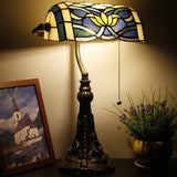 Werfactory® Banker Lamp Tiffany Desk Lamp Lotus Style Blue Stained Glass Table Lamp, 15" Tall