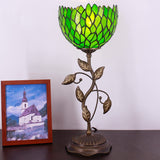 WERFACTORY Small Tiffany Table Lamp 8" Green Stained Glass Wisteria Style Shade 19" Tall Antique Vintage Metal Leaf Base Mini Bedside Accent Desk Torchiere Uplight